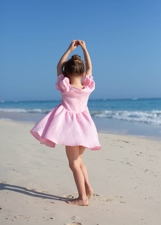 French Rose Linen Dress with Puff Sleeves