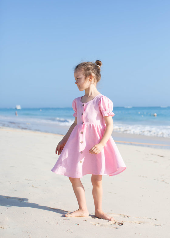French Rose Linen Dress with Puff Sleeves
