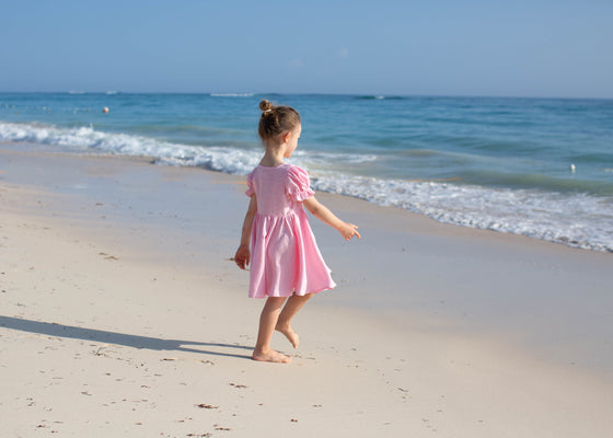 Pink Line Dress with Puff Sleeves