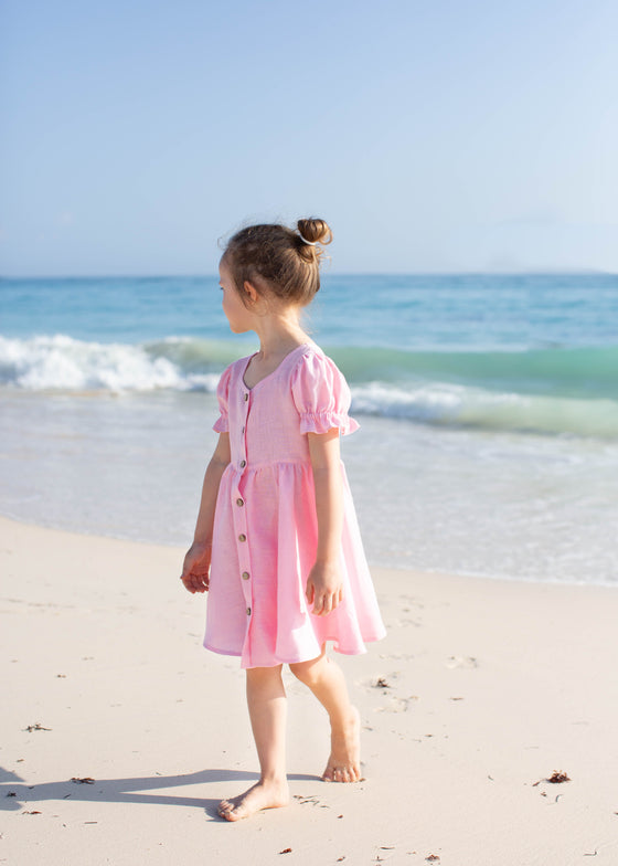 Pink Line Dress with Puff Sleeves