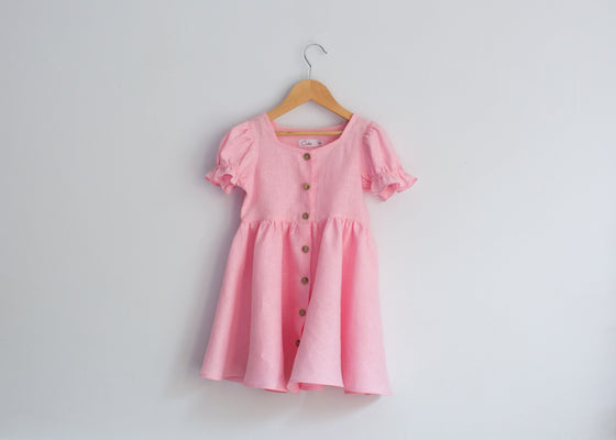 Pink Line Dress with Puff Sleeves