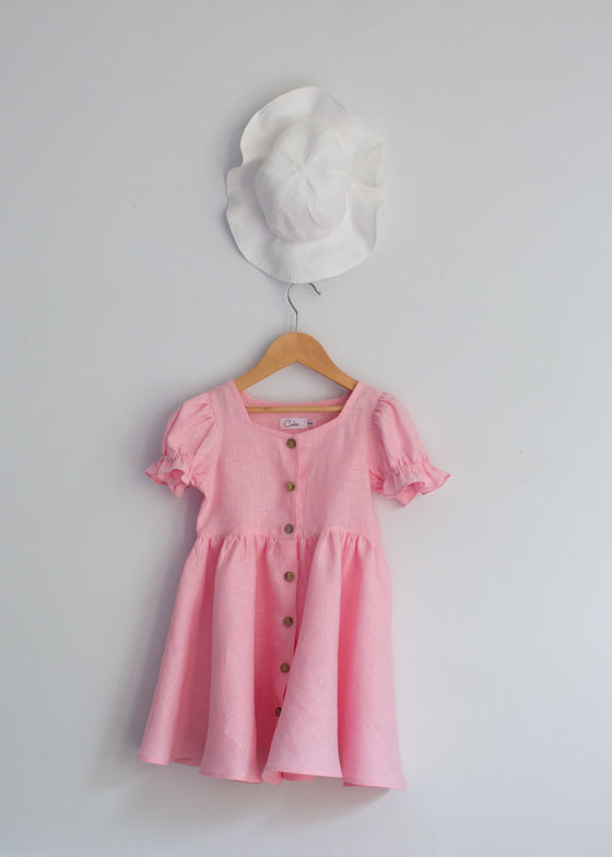 Pink Line Dress with Puff Sleeves