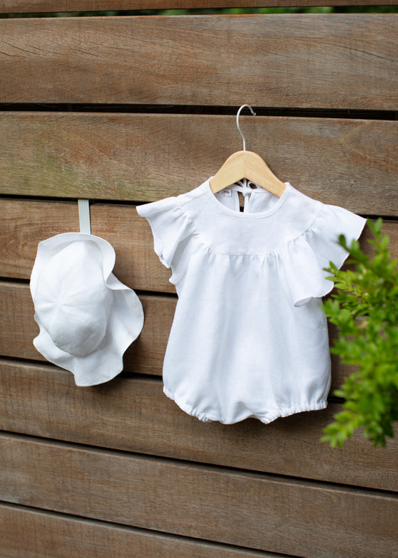 White Linen Flutter Sleeve Romper