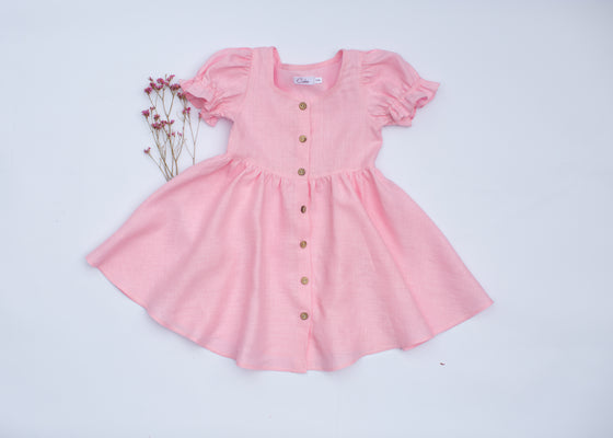 Pink Line Dress with Puff Sleeves